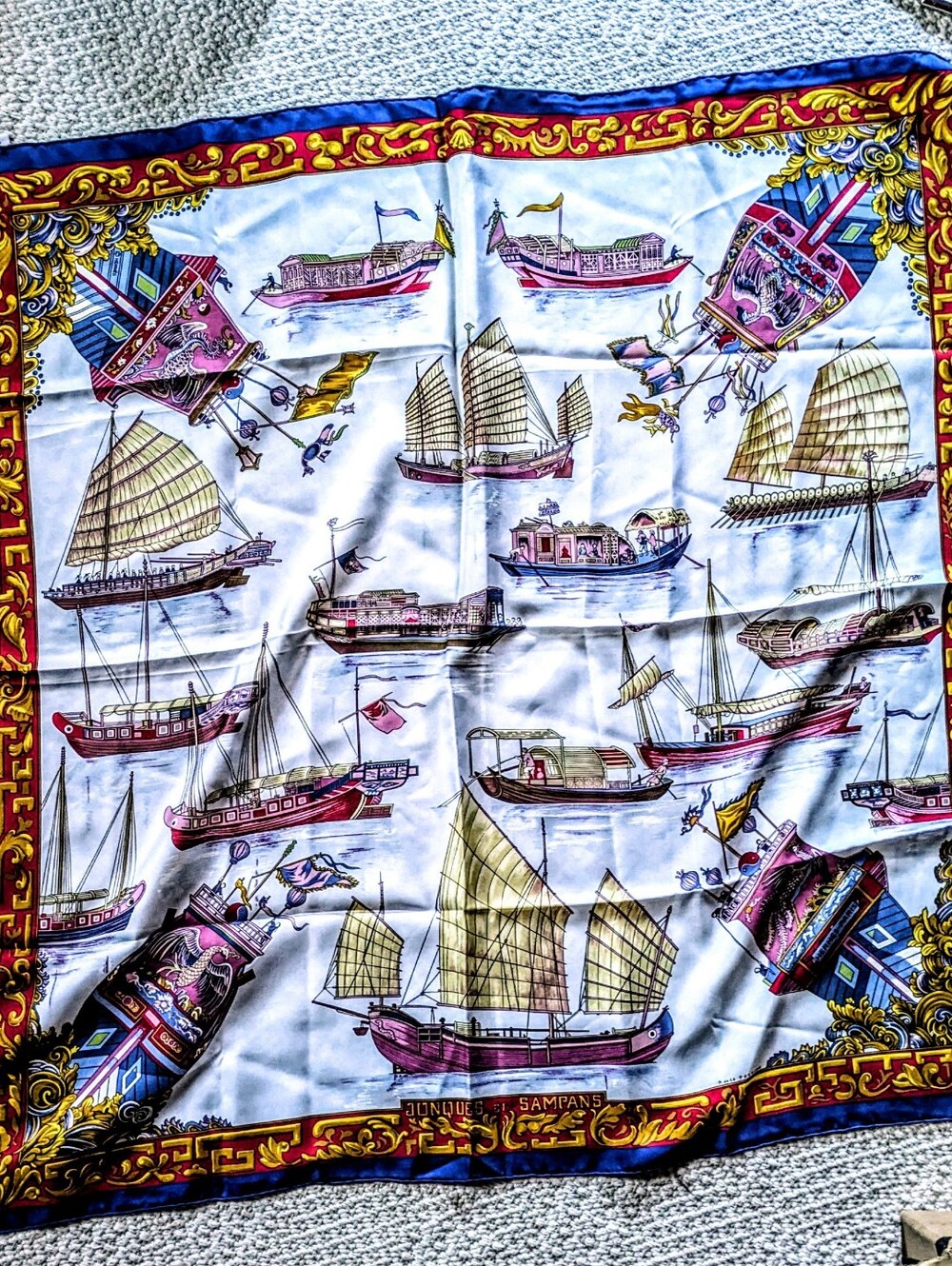 Hermès 90cm Silk Scarf Made In France Authentic Jonques et Sampans Tags Vintage